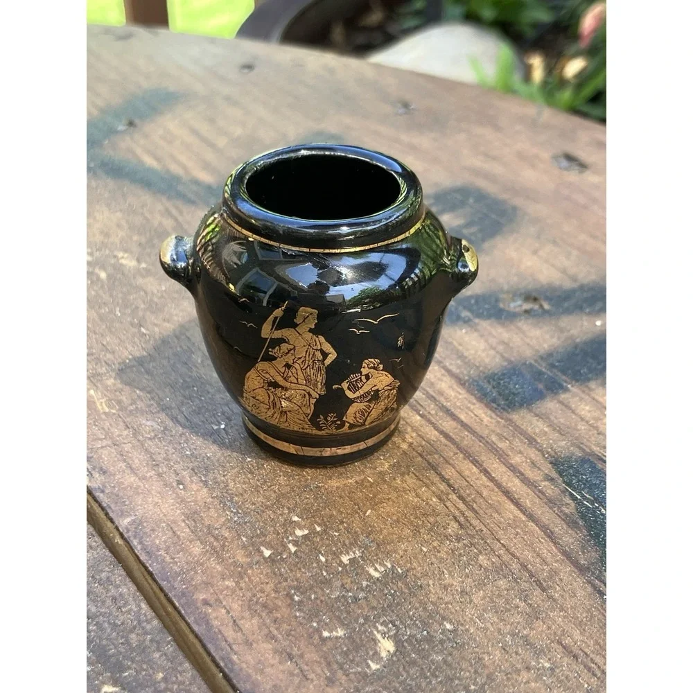 Mini Black Greek Vase Urn Gold Classical Scene Amphora Style Vintage 1.75